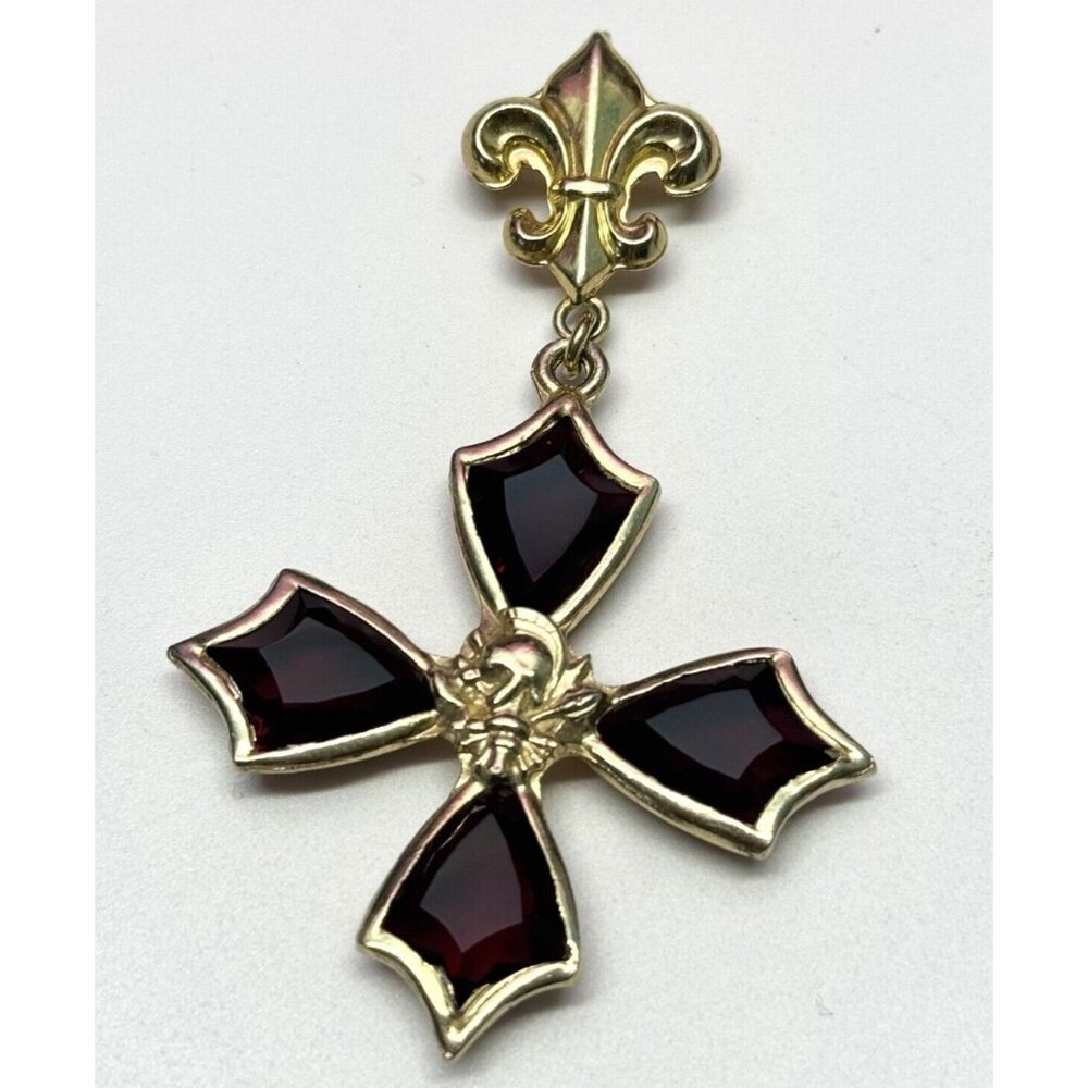 Vintage Accessocraft NYC Red glass Maltese cross brooch pin pendant
